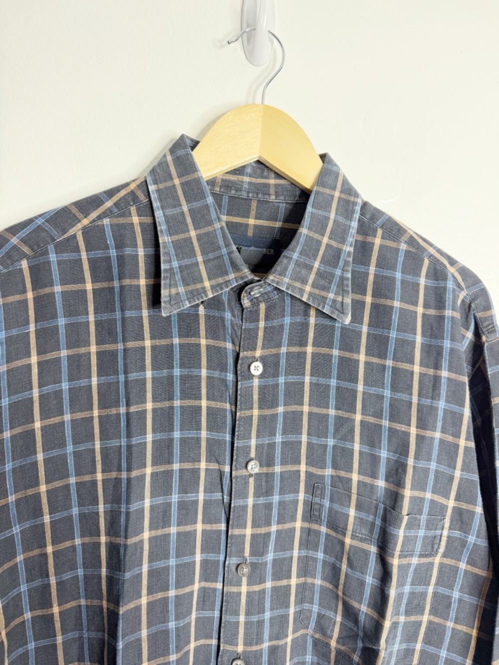 Scott Barber Men’s Linen Button Up Long Sleeves Navy Plaid Shirt Large Preppy